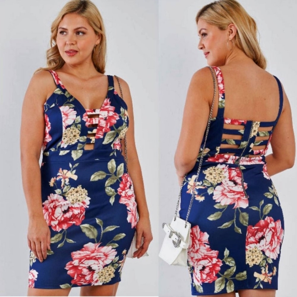 Misses Plus Navy Floral Bodycon with Cutouts